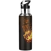 Flaming Basketball Net Water Bottle Vacuum Insulated Stainless Steel Mug Kids Water Bottle with Straw and Handle Keep Hot Cold Sport Bike Fit Travel Outdoor 20 oz