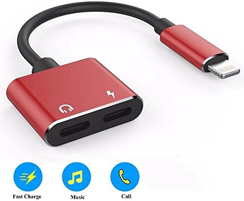 iPhone X / iPhone 8 / 8 Plus /iPhone 7 / 7 Plus Dual Lightning Adapter Splitter,2 in 1 Lightning Headphone Audio and Charge Cable Adapter,Support iOS11 and Later,for Apple iPhone X 7 8 Plus - Red