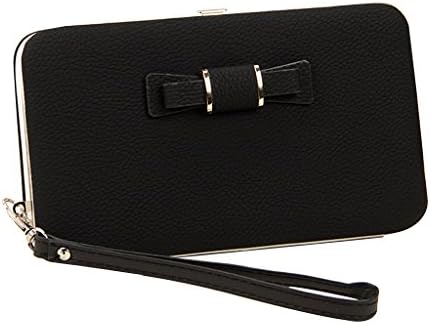 Whatsin Bowknot Purse Clutch Long Hasp Box Wallet Leather Credit Card Coin Holder Pocket Handbag Case for Women (Black)