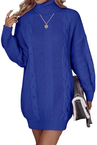 Elfin Strickkleid Damen Oversized Rollkragen Pulloverkleid Winterkleid Langarm Strickpullover Zopfmuster Strick Langer Pullover Mini Kleider (Xl, Saphir Blau)