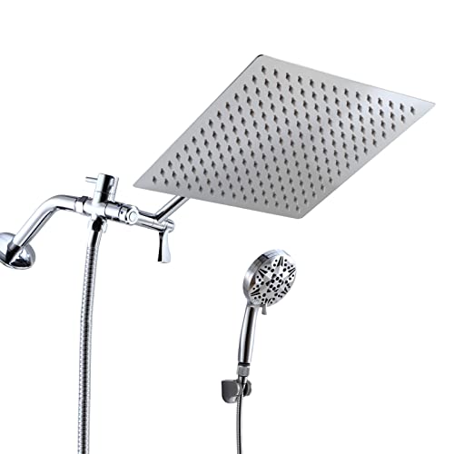 High Pressure Shower Heads Combo, 10'' Stainless Steel Anti Clog Shower Head and 10-Modes Chrome Finish Handheld Spray with Adhesive Holder & 60'' Hose, Adjustable Extension Arm & 3-Way Water Diverter