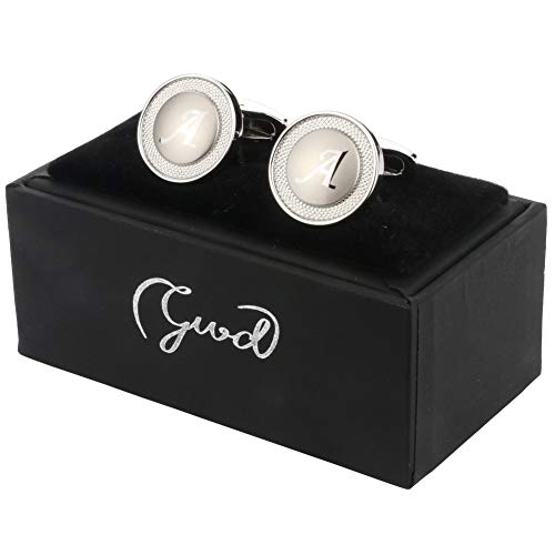 GWD Cufflinks for Men Shirt Premium Quality Personalized Initials Alphabet A-Z Gift Box (Silver M)
