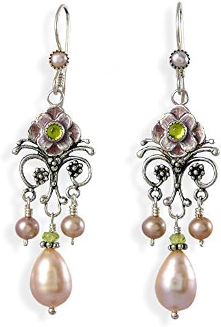Upscale Bohemian Chandelier Earrings, Sterling Silver, Peridot, Enamel, Freshwater-Cultured Pink Pearl