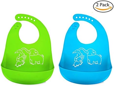 Waterproof Baby Feeding Bib,Veogo Soft Silicone Easy to Clean and Comfortable Baby Bib with Capture for Infants &amp; Toddlers, Set of two Food Catcher (elephant green and blue)