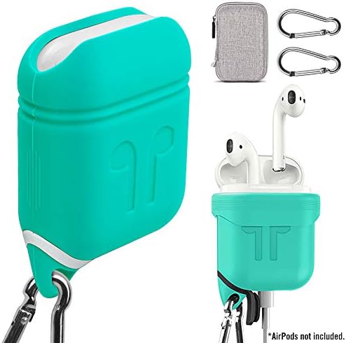 4 in 1 Airpods Case Cover + Carrying Case, ASMOTIM Shockproof Silicone Air Pods Case Keychain Protective Cover Skin Waterproof Charging Case Cover + 2 Carabiners, Airpods Accessories(Green)