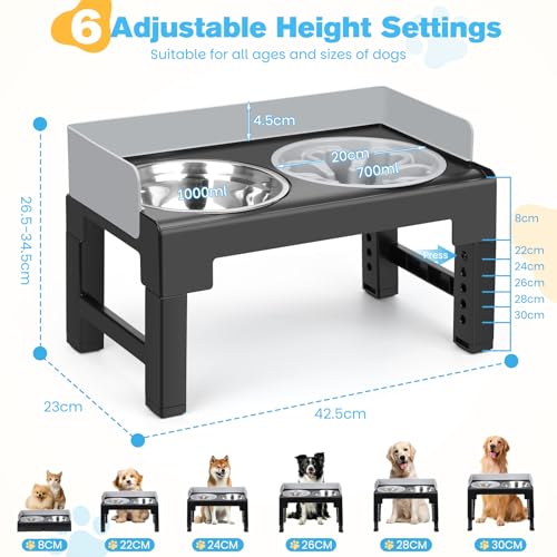 Zivacate Adjustable Raised Dog Bowls with 6 Heights and Inclined Angle with 2 Stainless Steel Bowls and 1 Slow Feeding Bowl for Small Medium Large Dogs