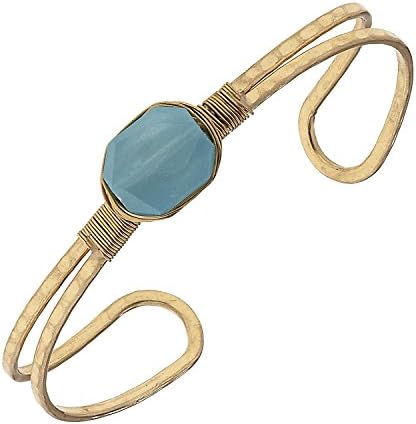 Womens Worn Gold Tone Wire Wrapped Aqua Green Glass Cuff Bracelet.