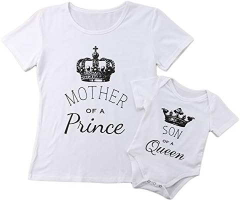 Mommy and Me, Mother and Son Matching Crown Letter Print T Shirts Bodysuits Family Clothes Outfits