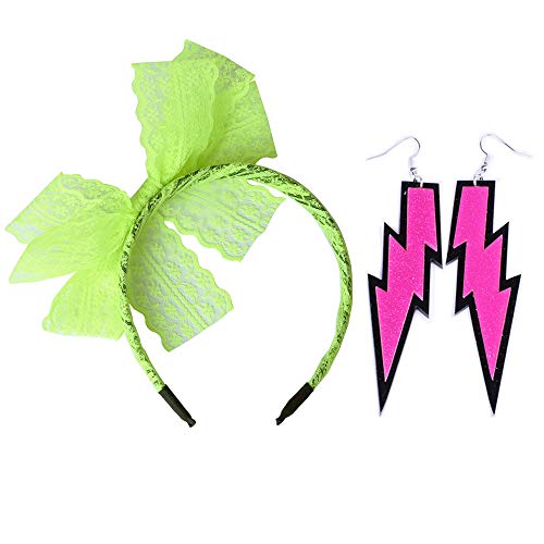 LEKUSHA Women's 80s Costume Accessories Neon Lace Headband Hair Band with Neon Lightning Earrings - Green Hot Pink
