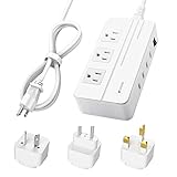 Amir Travel Power Strip with USB, International Charging Station, Travel Adapter, Includes 3 Interchangeable Worldwide UK/AU/EU plugs + 4 AC Outlets + 4 USB Ports - White
