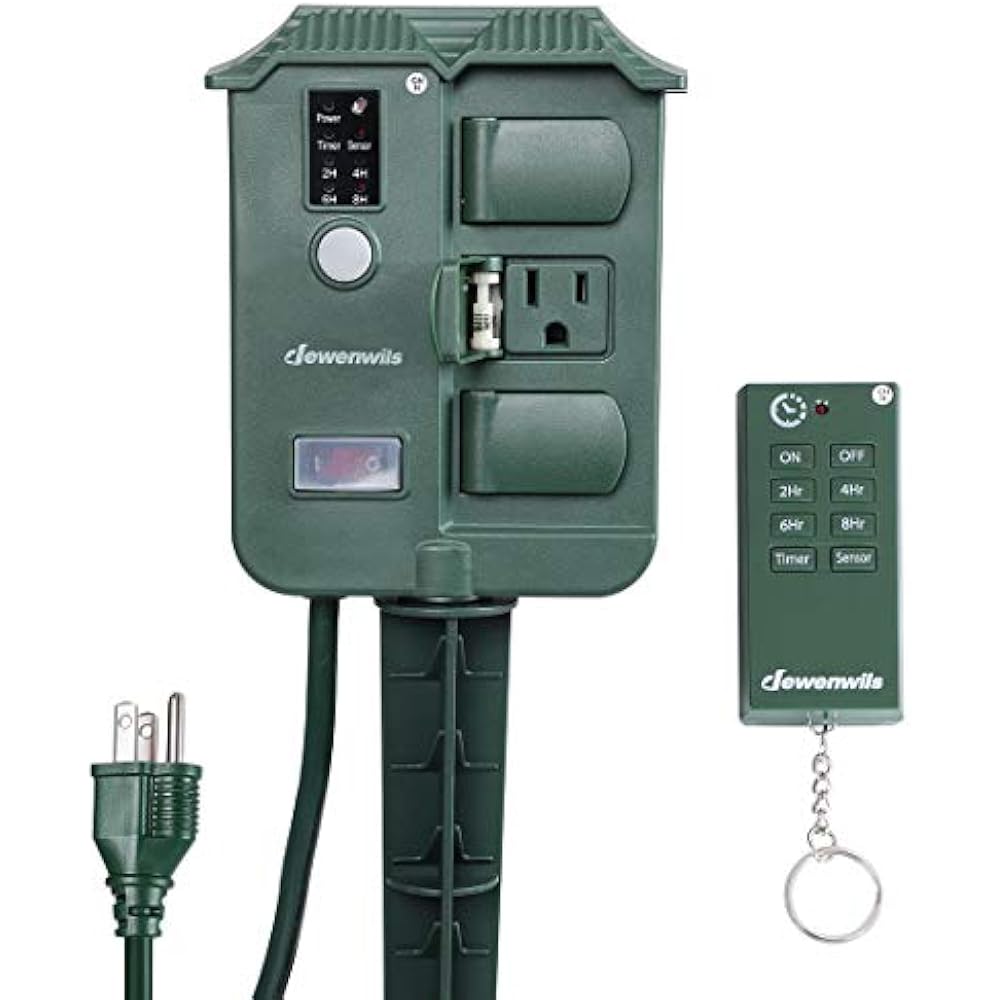 Outdoor Power Strip Stake Timer, Weatherproof Surge Protector Photocell
