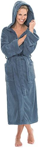 CelinaTex Florida Bathrobe, Hooded, Plain, Long, Patched Pockets, Unisex, Microfibre, Coral-Fleece, Indigo-Blue, Medium