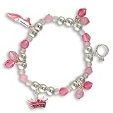 Girls Pink Pretty Princess Beaded Silver Tone Stretch Charm Bracelet