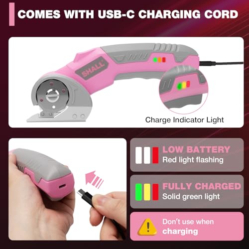 SHALL 4V Cordless Electric Scissors with Safety Lock, LED Light and Replacement Blade - Rechargeable Rotary Cutter for Fabric, Leather, Carpet, Cardboard and Plastic