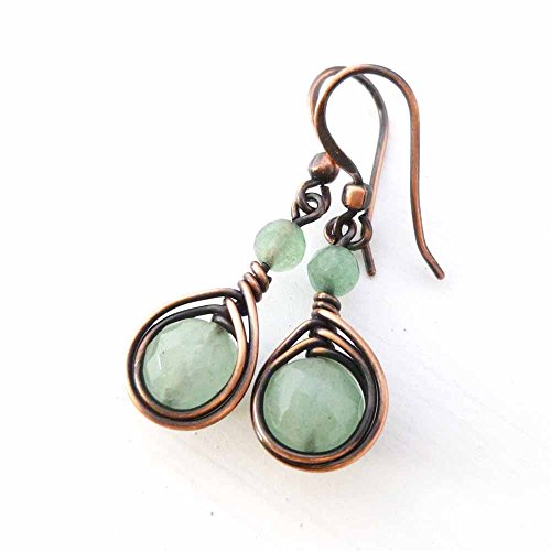 Pillar of Salt StudioPillar of Salt Studio Handcrafted Solid Copper Earrings with Green Aventurine Gemstone (Antiqued Copper, 1" drop)