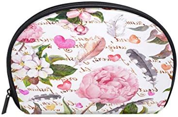 Makeup Bag Feathers Hearts Hand Written Peony Flowers Cosmetic Pouch Clutch