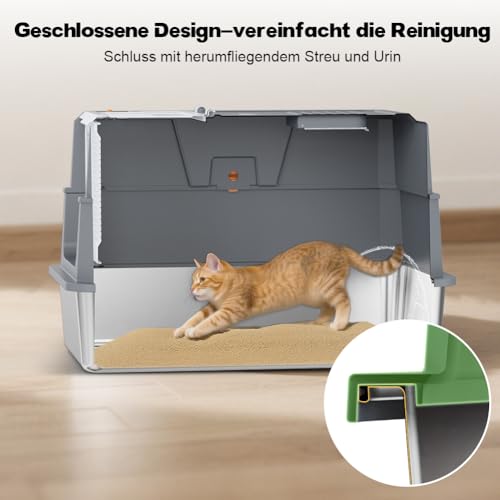 SZEE XL Stainless Steel Cat Litter Tray with 180° Hinged Lid, Large Closed Cat Litter Tray Stainless Steel with Lid, 59 x 38 x 38 cm, Dark Grey