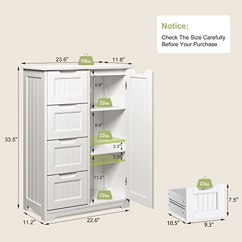 Gizoon Bathroom Floor Storage Cabinet with 4 Drawers, Freestanding Storage Organizer Cabinet with Door and Adjustable Shelves Wooden for Small Places in Kitchen Bathroom Entryway, White