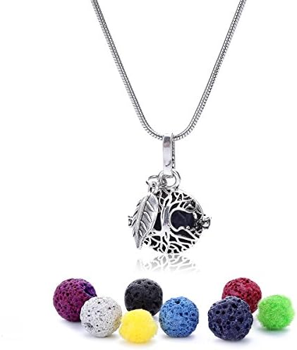 Three Fish Aromatherapy Essential Oil Diffuser Necklace Locket Pendant , 7pcs True Lava Stone with 20" Adjustable Chain Perfect Gift Set-Bright Silver (Tree of Life)