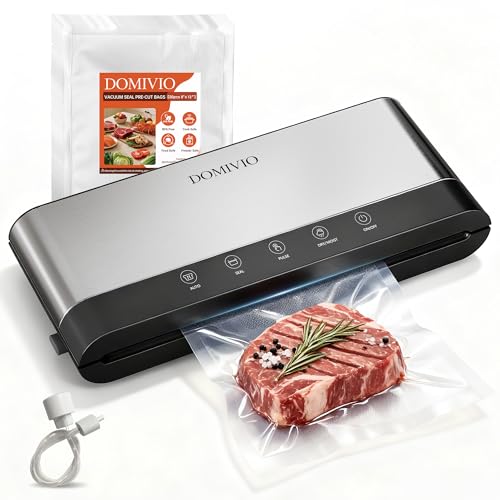 DOMIVIO 85KPA Vacuum Sealer, 7-in-1 Automatic Food Vacuum Sealer Machine, Dry/Moist Modes, 30cm Seal Length, Stainless Steel with 20 Pre-cut Bags, External Vacuum Hose, Digital Display