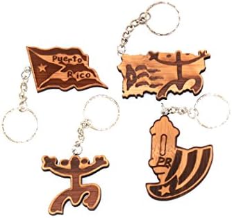 Wooden Keychain Ring PUERTO RICO FLAG, GARITA, COQUI, MAP Figure For All Keys Brown Pack Lot 4