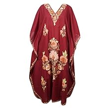 Mogul Interior Womens Caftan Dress Maroon Embroidered Resort Wear Kaftan One Size