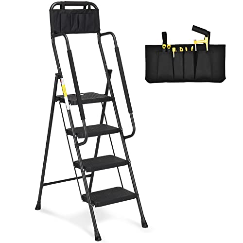 HBTower Leiter 4 Stufen, Trittleiter mit Handläufen, klappbarer Tritthocker mit ansteckbarer Werkzeugtasche & breitem Anti-Rutsch-Pedal, Leichter 150 