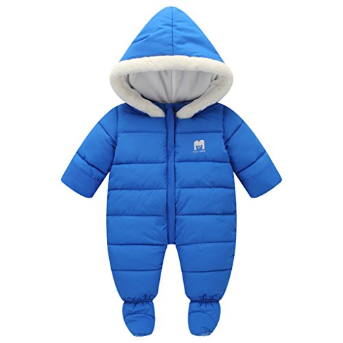 SanReach Baby Winter Fur Trim Hooded Down Snowsuit Footie Romper Puffer Jacket Jumpsuit Blue Size 90(0-6Months) - Thumbnail 3