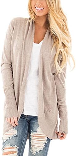 Miyarooma Women Casual Kint Cardigan Open Front Curved Hem Long Sleeve Loose Sweater Apricot S