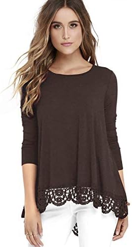 detimi Women Lace Long Sleeve O-Neck A-Line Tunic Loose Blouse