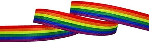 Rainbow Stripes Printed White Solid Grosgrain Ribbon (5/8")