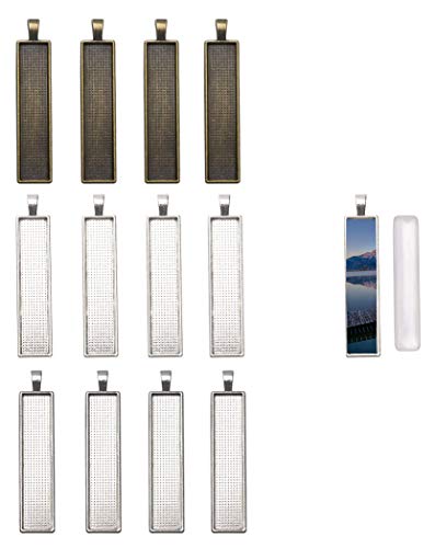 Floranea 12 pcs 3 Color Pendant Tray with Transparent Glass Cabochon Rectangle Bazel Seting Dome for Art Craft Project DIY Photo Resin Jewelry Making