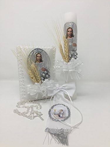 First communion candle with Jesus Christ image and silver details