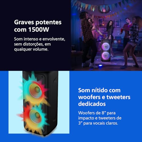PHILIPS, Caixa de Som Bluetooth Party Speaker, TAX4000/78, com Luzes LED, entradas USB, Auxiliar, Microfone/Guitarra e Alça para Transporte