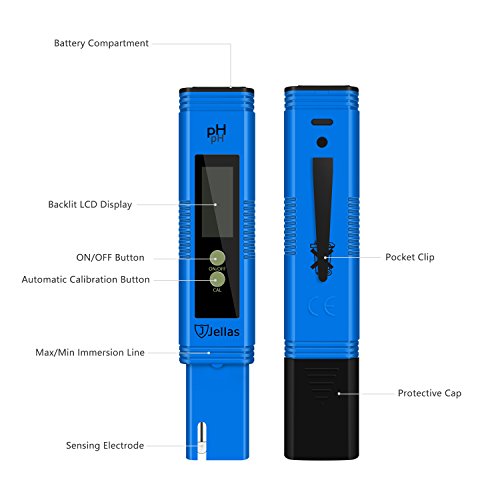 Digital pH Meter, Jellas PH-02 High Accuracy 0.01 Resolution pH Tester / pH Checker for Water Quality Test - Auto Calibration / ATC Function / Back Light LCD Display (Blue)