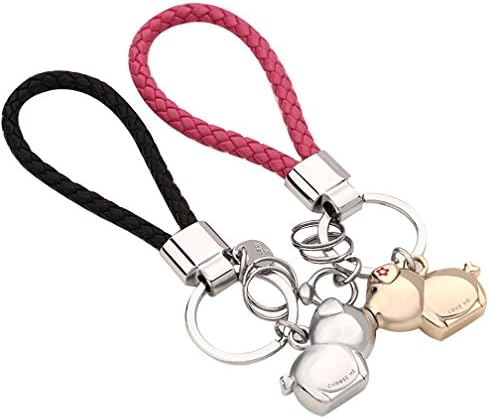 Couple keychain,Car Keychain,Flexible Cable Key Ring Key Chain Valentine's Day Gifts (BV Braided Rope Pig,Gold and Silver)