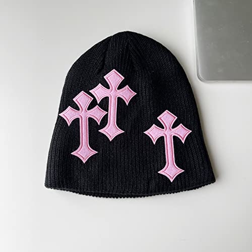 Pooyikoi Y2K Dark Cross Wool Hat Cross Pattern Fashion Loose Pile Hat Slim Knit Hat Cold Hat Autumn and Winter(Black,One Size)
