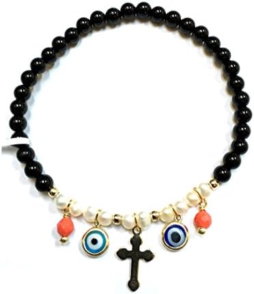 STERLING SILVER STRETCH BEADS EVIL'S EYE, CROSS CHARMS BRACELET