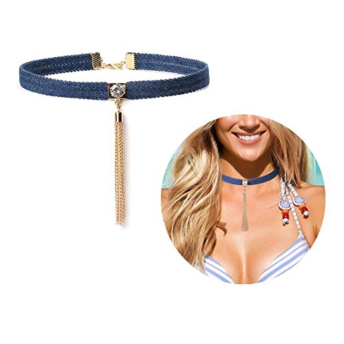 HongNi Women Blue Denim Choker Necklace with Chain Tassel and Rhinestone Bead (Gold)