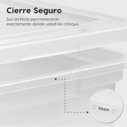 IRIS USA Caja de Transporte de Archivos Tamaño Carta/Legal, Paquete de 4, Caja de Almacenamiento Libre de BPA con Tapa de Seguridad y Cierre Duradero, Archivero Apilable Encajable, Negro/Transparente