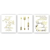 Inspirational Quotes Typography Gold Foil Print, Positive Words Remember Strength Future Cardstock Art Print Motivational Lettering with Arrow Crown Wall Art Poster (8 X 10 inch, Set of 3, Unframed)