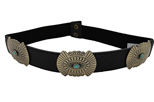 TFJ Women Western Concho Fashion Elastic Belt Hip Waist Gold Metal Charms S M Black