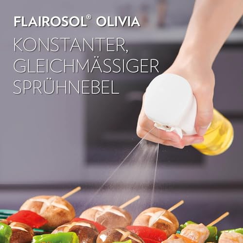 FLAIROSOL Olivia 130 ml Glass Oil Sprayer - Continuous Oil Spray Technology with Portion Control - Versatile Oil Atomiser for Cooking, Salad, Grilling, Baking and Other Scenarios (Golden Logo)