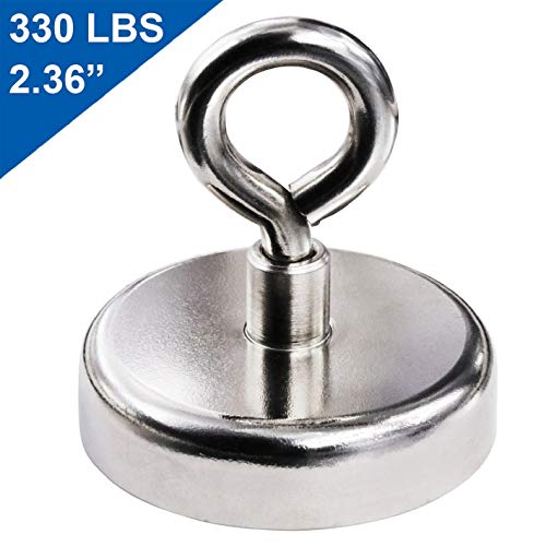 Super Strong Neodymium Fishing Magnets, 330 lbs(150 KG) Pulling Force Rare Earth Magnet with Countersunk Hole Eyebolt Diameter 2.36 inch(60 mm) for Retrieving in River and Magnetic Fishing