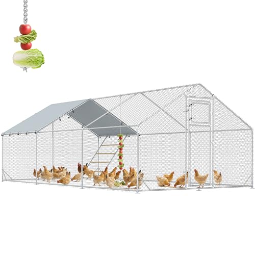 PawHut Chicken Run, 9.8'x19.7'x6.4' Large Metal Chicken Coop with Feeding Door, Waterproof & UV-Resistant Cover, Hanging Feeder, Perch, Poultry Cage for Outdoor, for 18-24 Poultry