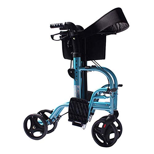 LMEIL 4 Wheels Walker Rollator Adjustable Height Adult Folding Transport Chair, Reversible Backrest, Detachable Footrests and Detachable Storage Bag for Elderly