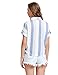 ROMWE Women's Striped Knotted Front Blouse Roll Sleeve Shirt With Chest Pocket (One-size, White & Blue)