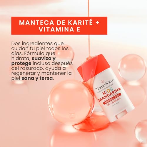 NaturalDry Kids - Pack de 2 desodorantes Kids infantiles unisex Natural para niños y niñas - Duración hasta 24 horas - Deodorant natural - Aroma Mandarina - En barra