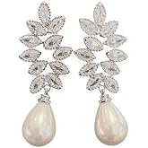 DIAMANTIO Elegant 18K Gold Plated Drop Earrings with Cubic Zirconia Crystal Marquise and Teardrop Faux Pearl – 44mm Long Statement Earrings for Women, 9.9g
