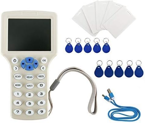 10 Frequency Radio Frequency Identification NFC Card Reader Writer Copier Duplicator for ID IC Cards and All 125kHz Cards +5pcs ID 125khz Cards+5pcs ID 125kh keyfobs+5pcs 13.56mhz UID Key +1USB
